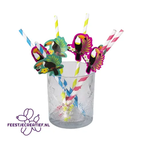 Rietjes toekan blauw-groen-roze-wit - 6 stuks 1 Rietjes toekan blauw-groen-roze-wit - 6 stuks
