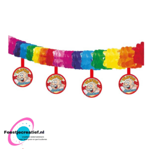 Vlaggenlijn/slinger "Vijftig, 50, Abraham" regenboog onderhangers, 4 meter