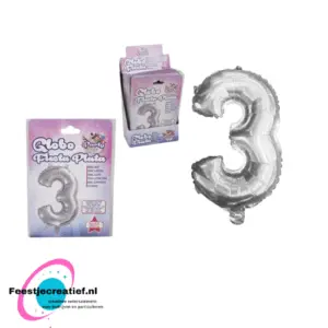 Folieballon cijfer 3 zilver, 39cm