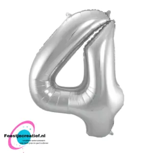 Folieballon cijfer 4 zilver, 86cm