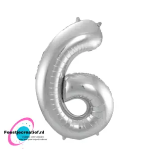 Folieballon cijfer 6 zilver, 86cm