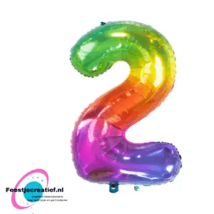 Folieballon cijfer 2 regenboog, 86cm