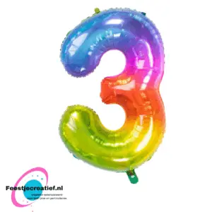 Folieballon cijfer 3 regenboog, 86cm