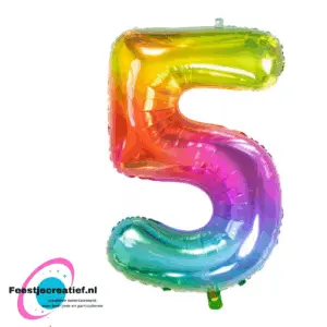 Folieballon cijfer 5 regenboog, 86cm