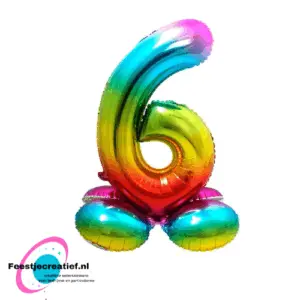 Folieballon met voet cijfer 6 regenboog, 81cm