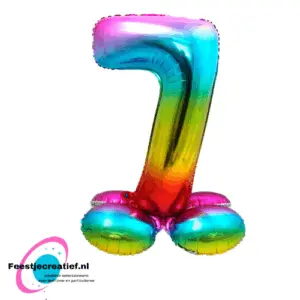 Folieballon met voet cijfer 7 regenboog, 81cm