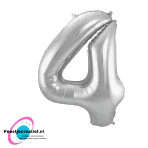 Folieballon cijfer 4 zilver, 40cm