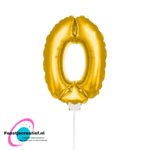 Folieballon cijfer 0 goud met stokje, 36cm