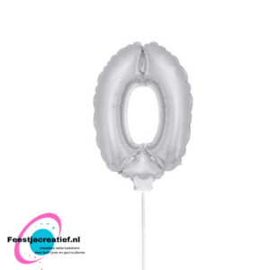 Folieballon cijfer 0 zilver op stokje, 36cm