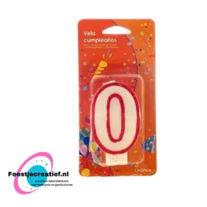 Verjaardagskaars cijfer 0 rood-wit