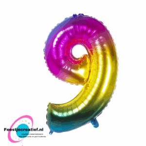 Folieballon cijfer 9 regenboog, 80cm