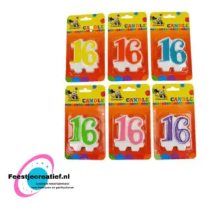 Verjaardagskaars cijfer 16 oranje-wit