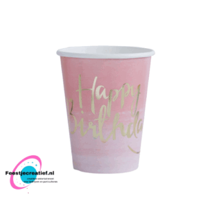 Wegwerpbekers Roze Happy Birthday (8 stuks)