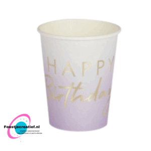 Wegwerpbekertjes - Happy Birthday papieren bekers lila - 8 stuks