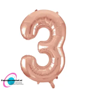 Folieballon cijfer '3' rosegoud - 86 cm