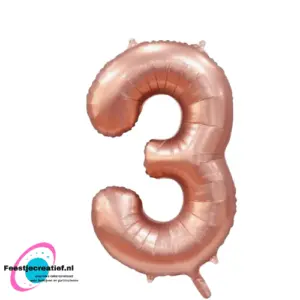 Folieballon cijfer '3' rosegoud - 76 cm