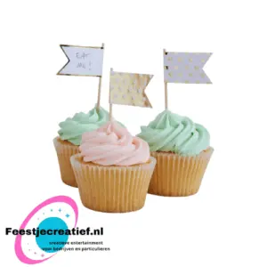 Cupcake decoratie polka dot wit/goud - 10 stuks