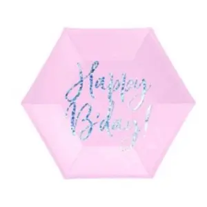 Wegwerpbordjes Happy b'day roze  20cm - 6st