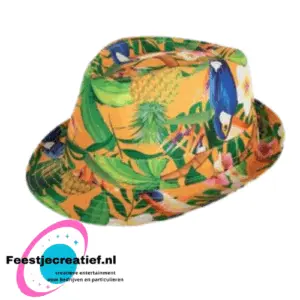 Trilby hoed voor Tropical Hawaii party - bloemen print - oranje