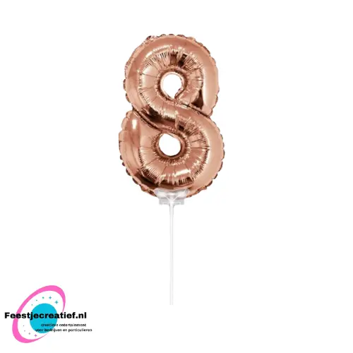 Folieballon cijfer 8 roségoud met stokje, 36cm 1 Folieballon cijfer 8 roségoud met stokje, 36cm