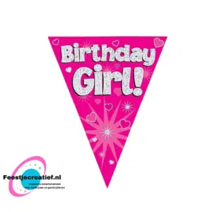 Vlaggenlijn/slinger Happy birthday Glitter Roze, 3,9 meter