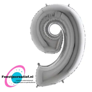 Folieballon Cijfer - 9 - zilver- 66 cm