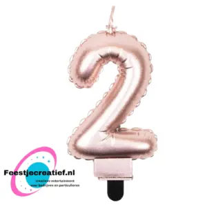 Verjaardagskaarsje folieballon cijfer 2 Rose - goud, 10cm