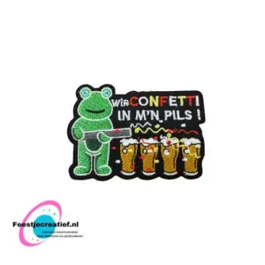 Strijkembleem/applicatie, 'Wir confetti in m'n pils"