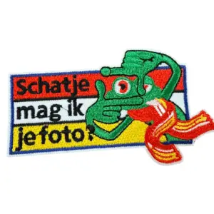Strijkembleem/applicatie, 'Schatje mag ik je foto"