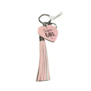 Sleutelhanger met kwastje imitatieleer roze- super girl