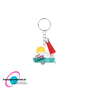Sleutelhanger met kwastje | Acryl sleutelhanger - Happy camper