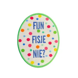 Strijkembleem “fijn fisje nie?” – 8 cm  confetti