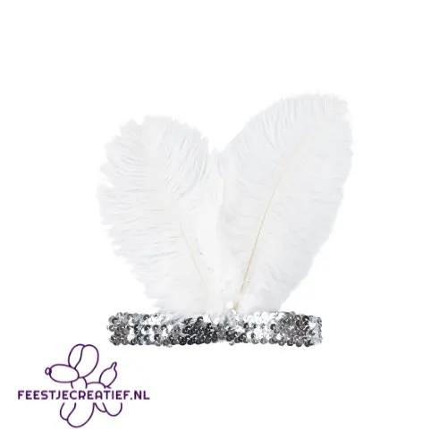 Charleston hoofdband zilver met witte veren 1 Charleston hoofdband zilver met witte veren