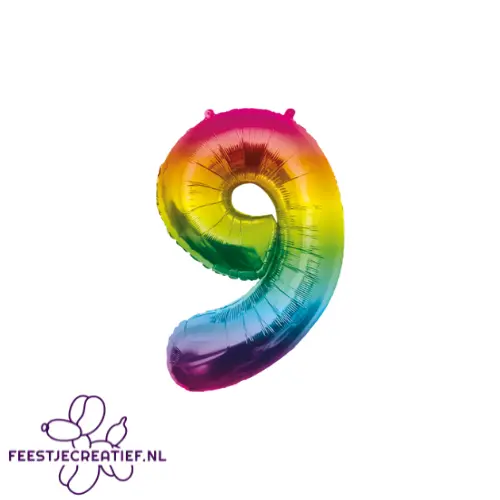 Folieballon cijfer 9 rainbow, 86cm 1 Folieballon cijfer 9 rainbow, 86cm