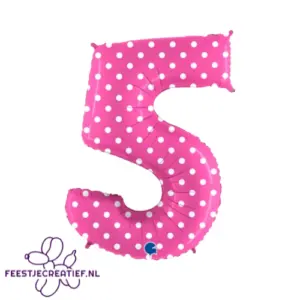 Folieballon cijfer 5 roze polka dot, 102cm