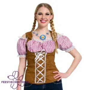 Tiroler Roze-Wit Dames Topje Oktoberfest maat S/M (36-38)